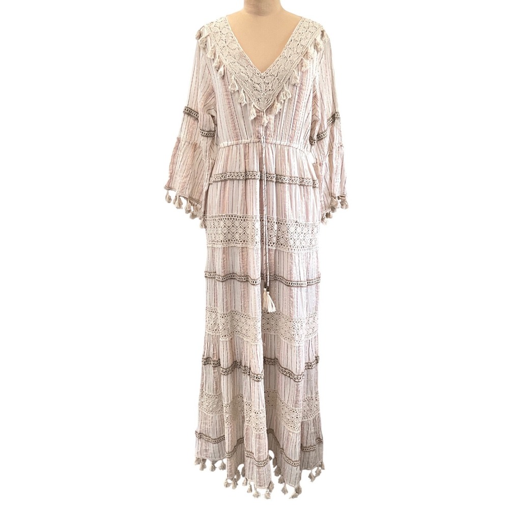 ME 2 Magic Boho Metallic Stripe Crochet Tassel Tiered Maxi Dress XL Boho Resort